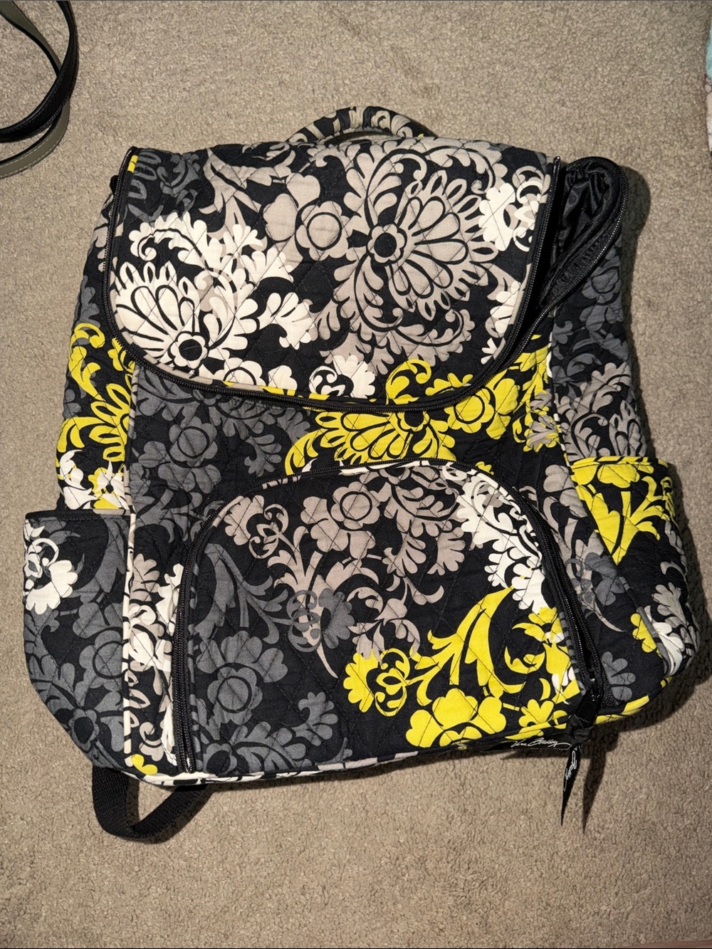 Vera Bradley Quilted Backpack in Black, Gray & Yellow Floral